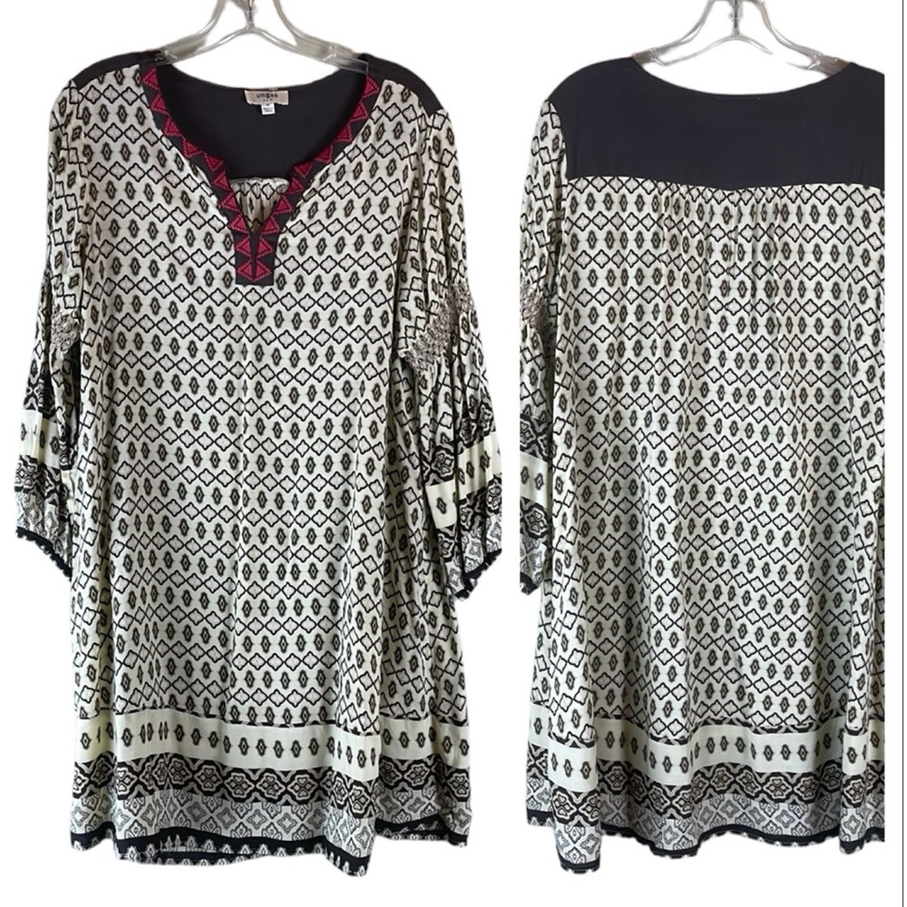 Umgee Brown Beige Shirt Dress Red Embroidered Neck Size Medium